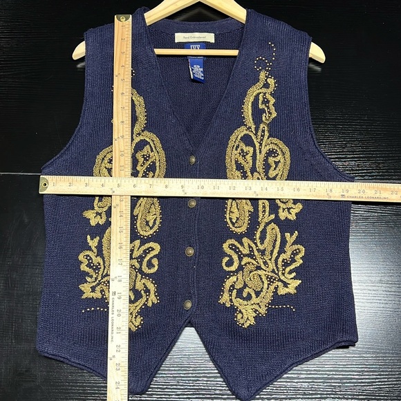 IVY Hand Gold Embroidered Beaded Blue Sweater Vest - Picture 2 of 6